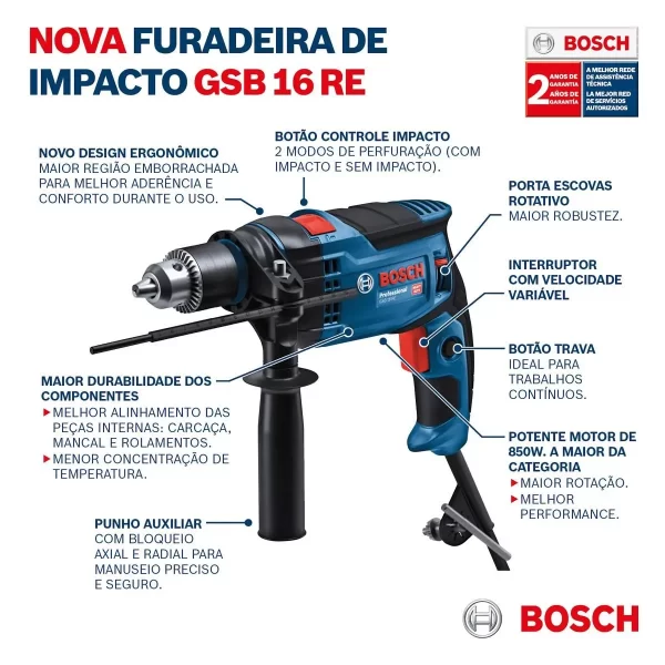 Furadeira de Impacto GSB 16 RE 850W Bosch - Image 9